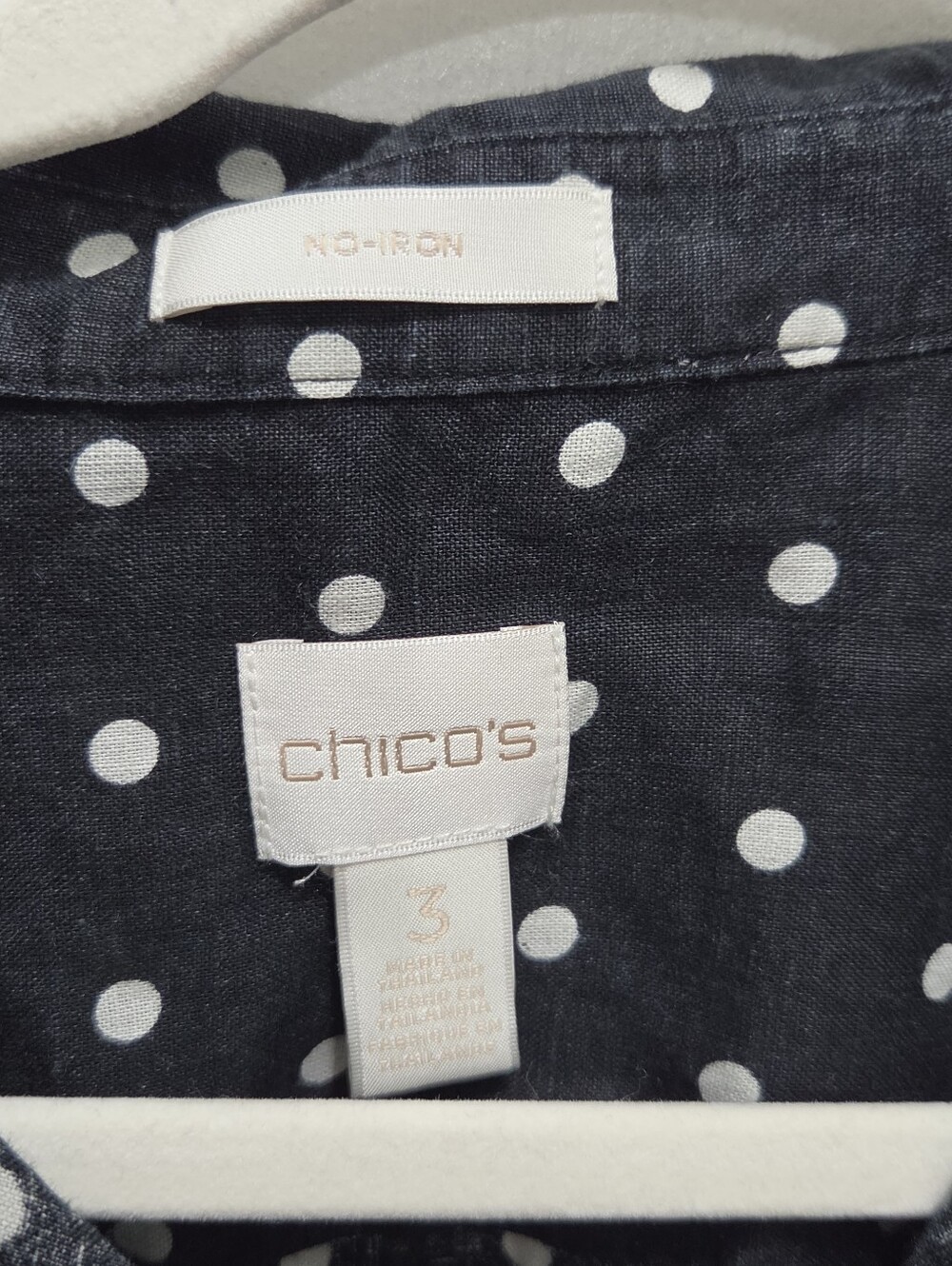 Chico's 3 XL Black White Polka Dot 100% Linen Tie Front 3/4 Sleeve Shirt - Picture 2 of 7